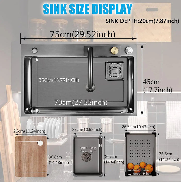 Nano Black Flying Rain Drop-in, Stainless Steel, Waterfall Kitchen Sink.