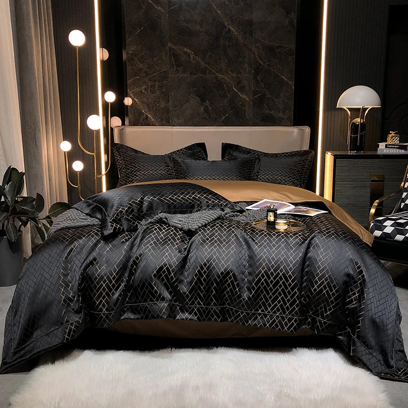 New Luxury Black Gold Yarn-dyed Jacquard Egyptian Cotton Bedding