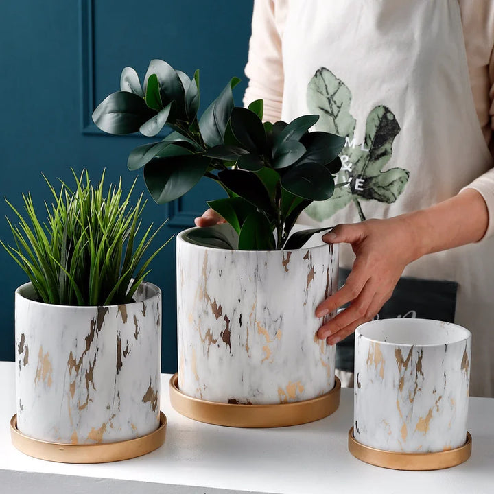 American Marbled Round Ceramic Flowerpot with Base Tray