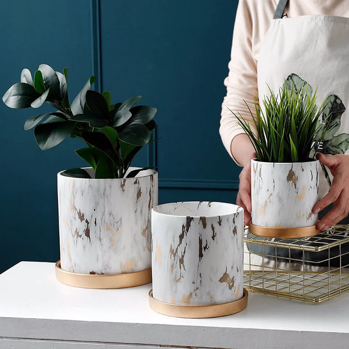 American Marbled Round Ceramic Flowerpot with Base Tray