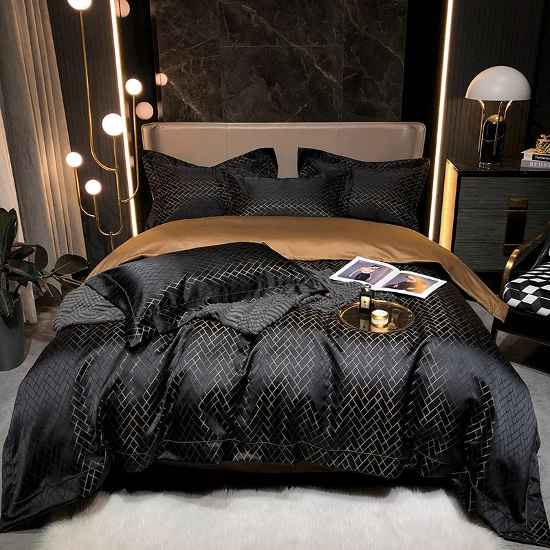 New Luxury Black Gold Yarn-dyed Jacquard Egyptian Cotton Bedding