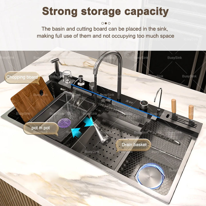 Stainless Steel Kitchen Sink with Waterfall. Digital Display Multifunctional