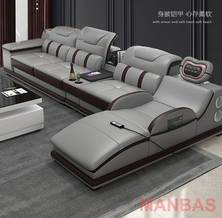 MANBAS Italian Genuine Leather Sectional Sofa with Bluetooth, Speaker, Functional Headrest, Massage Chaise
