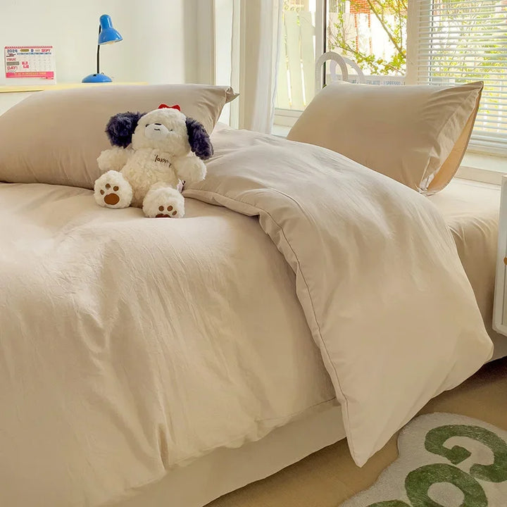 Solid Bed Linen Cotton Bedding Set 4pcs with Sheet Duvet Cover, Pillowcases.