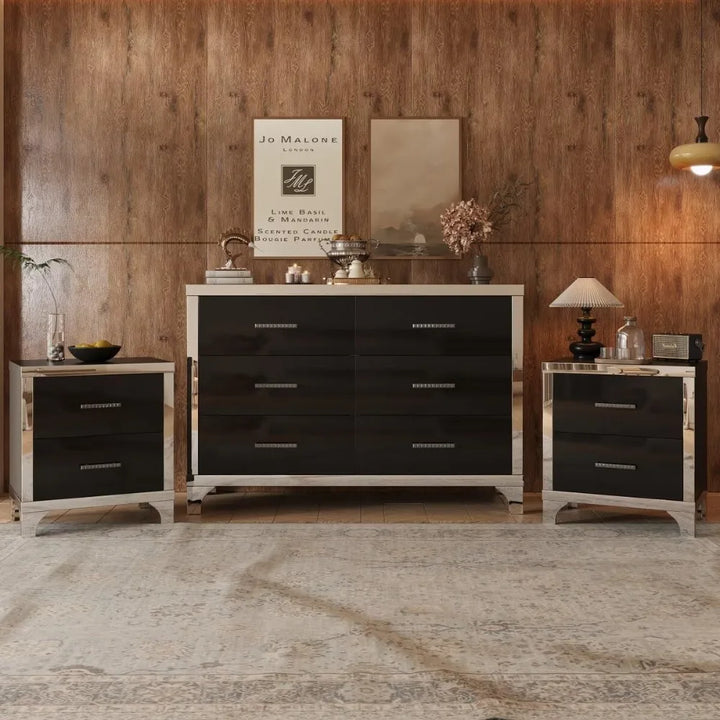 3-Pieces Set, Dresser and Two Nightstands with Metal Handles and Mirror Decoration.