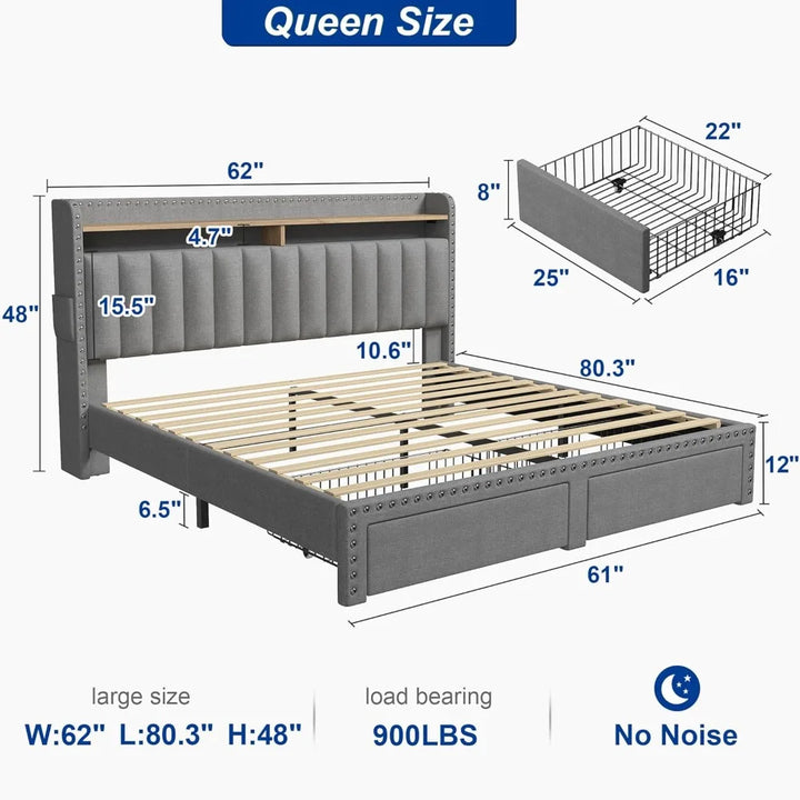 King, Queen & Full Bed Frames with Headboard and Storage