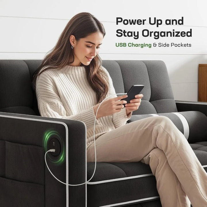 3-in-1 Sofa Bed with USB Charging, Pull Out Couch, Storage Pockets & Adjustable Backrest, Easy Conversion, Couch for Living Room