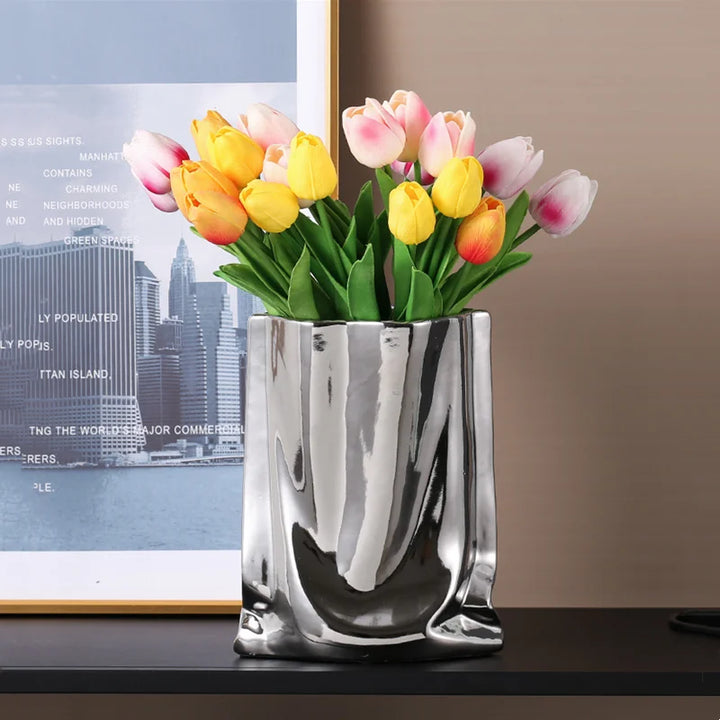 Silver Ruffled Flower Vase Porcelain Ceramic