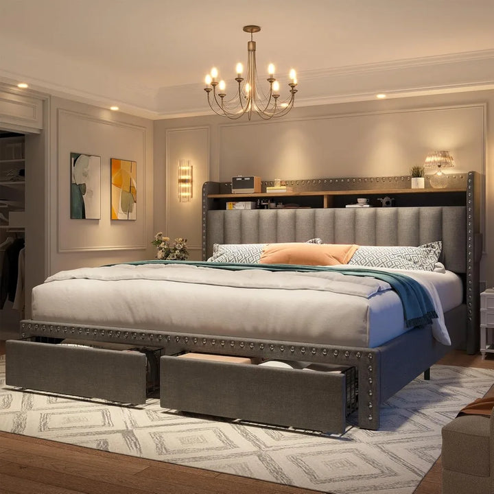 King, Queen & Full Bed Frames with Headboard and Storage