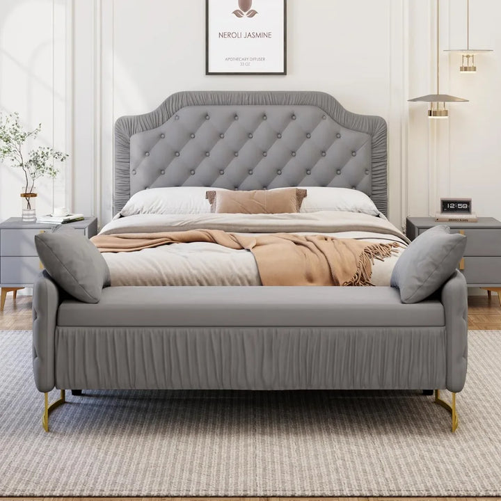 2 Pieces Button Tufted Velvet Upholstered Bedroom Set w/ Storage Ottoman