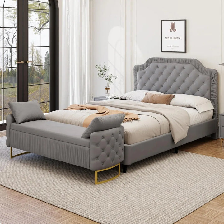 2 Pieces Button Tufted Velvet Upholstered Bedroom Set w/ Storage Ottoman