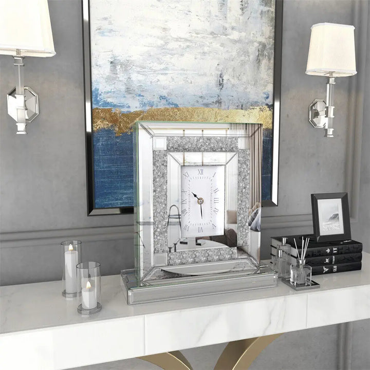 Artloge Silver Glass Table Mirrored Crushed Diamond Clock
