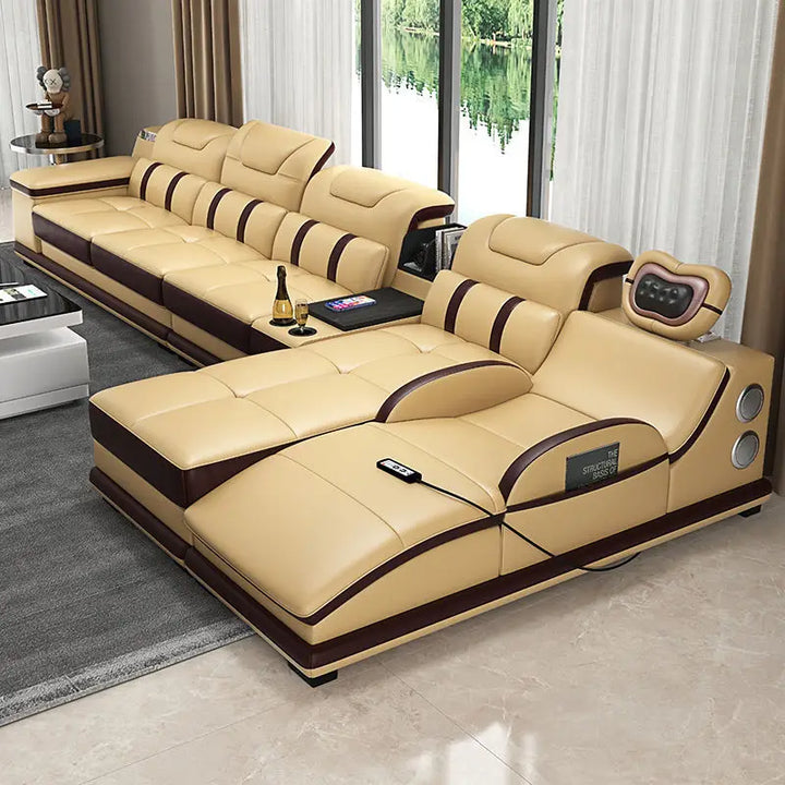 MANBAS Italian Genuine Leather Sectional Sofa with Bluetooth, Speaker, Functional Headrest, Massage Chaise