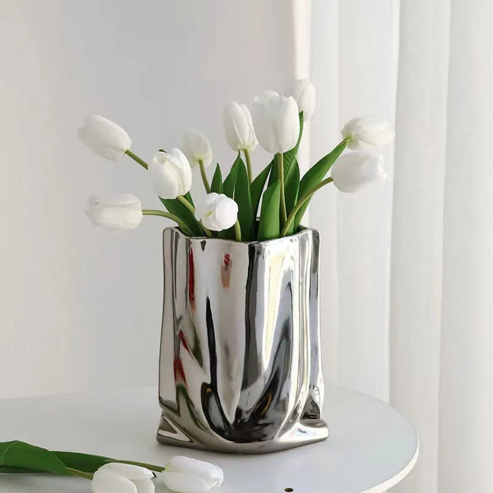 Silver Ruffled Flower Vase Porcelain Ceramic